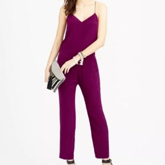 J Crew Silk Jumpsuit 8 Berry Strappy Purple Straight Leg V-Neck High Waist Chic - Picture 2 of 12